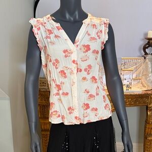 Sanctuary Coral Floral Split Neck Sleeveless Blouse